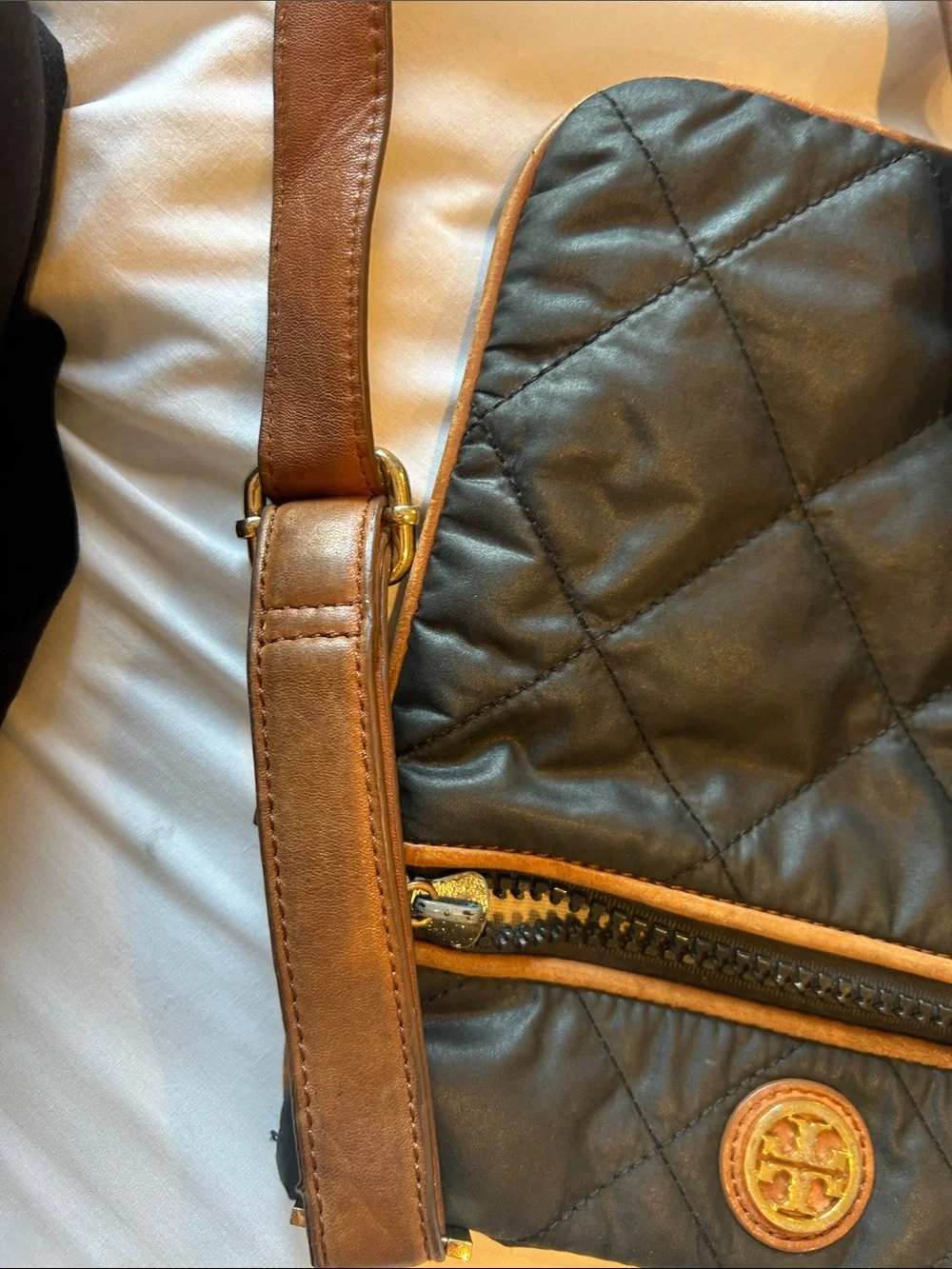 Tory Burch Black Quilted Nylon Crossbody Bag Brown Leather Trim Gold Logo